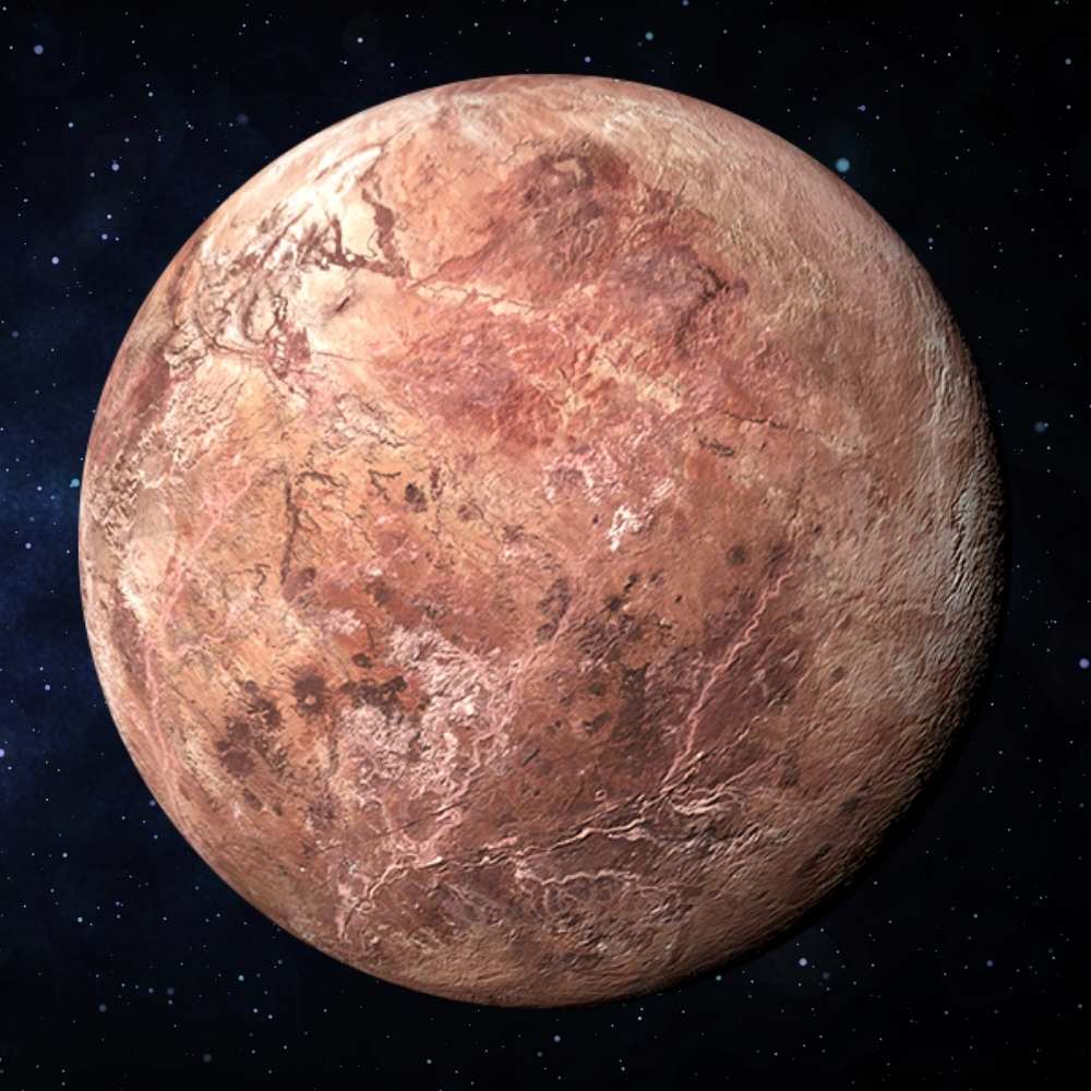 Artist’s impression of Makemake, a reddish dwarf planet in the Kuiper Belt, showing its icy surface and subtle geological features in the outer Solar System.
