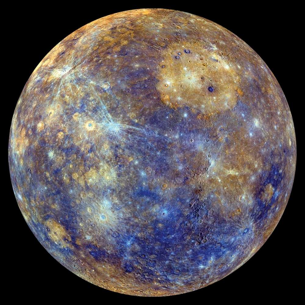 High-resolution color-enhanced image of Mercury showing its heavily cratered rocky surface, impact basins, and ancient terrain on the innermost planet of the Solar System.