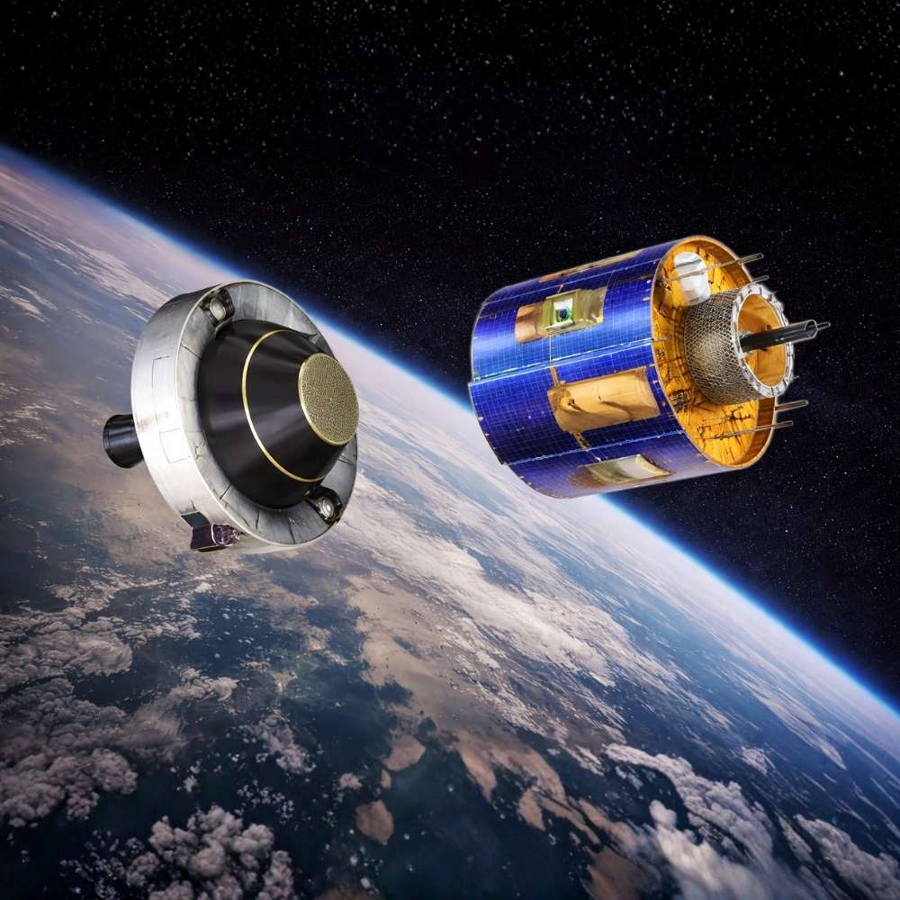 MSG-3 Meteosat Second Generation weather satellite in geostationary orbit above Earth, showing its solar panels, instruments, and Earth’s curved horizon.