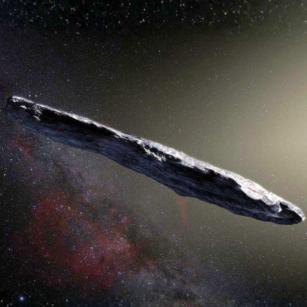 Artist’s impression of ʻOumuamua, the first known interstellar object, showing its elongated cigar-like shape traveling through the Solar System.