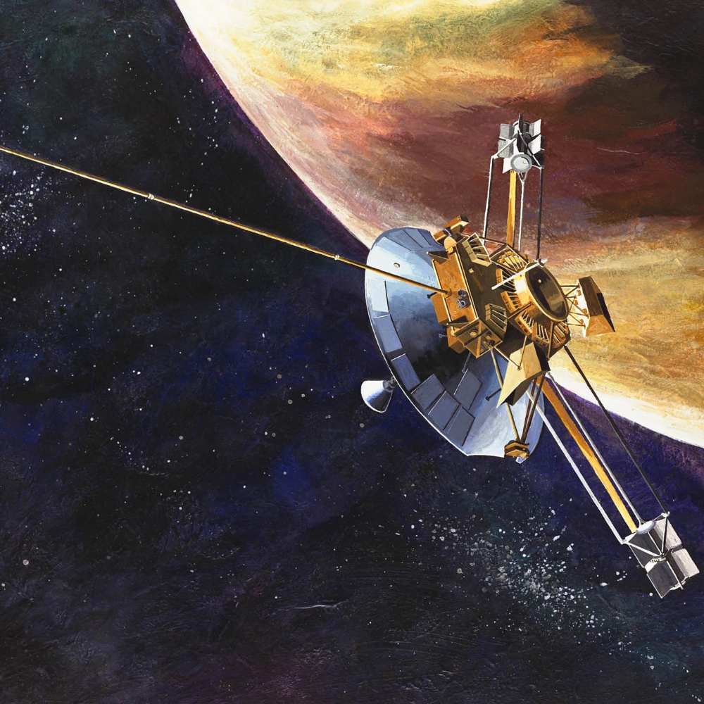 Artist’s illustration of Pioneer 10 spacecraft on its historic journey past Jupiter, becoming the first probe to travel through the asteroid belt and head toward interstellar space.
