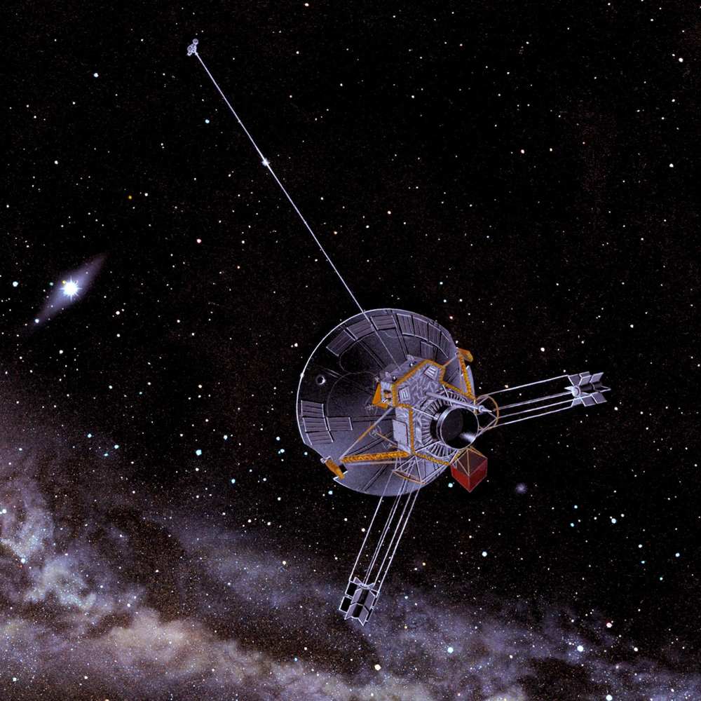 Artist’s illustration of Pioneer 11 spacecraft traveling through deep space after its historic flybys of Jupiter and Saturn, heading toward interstellar space.
