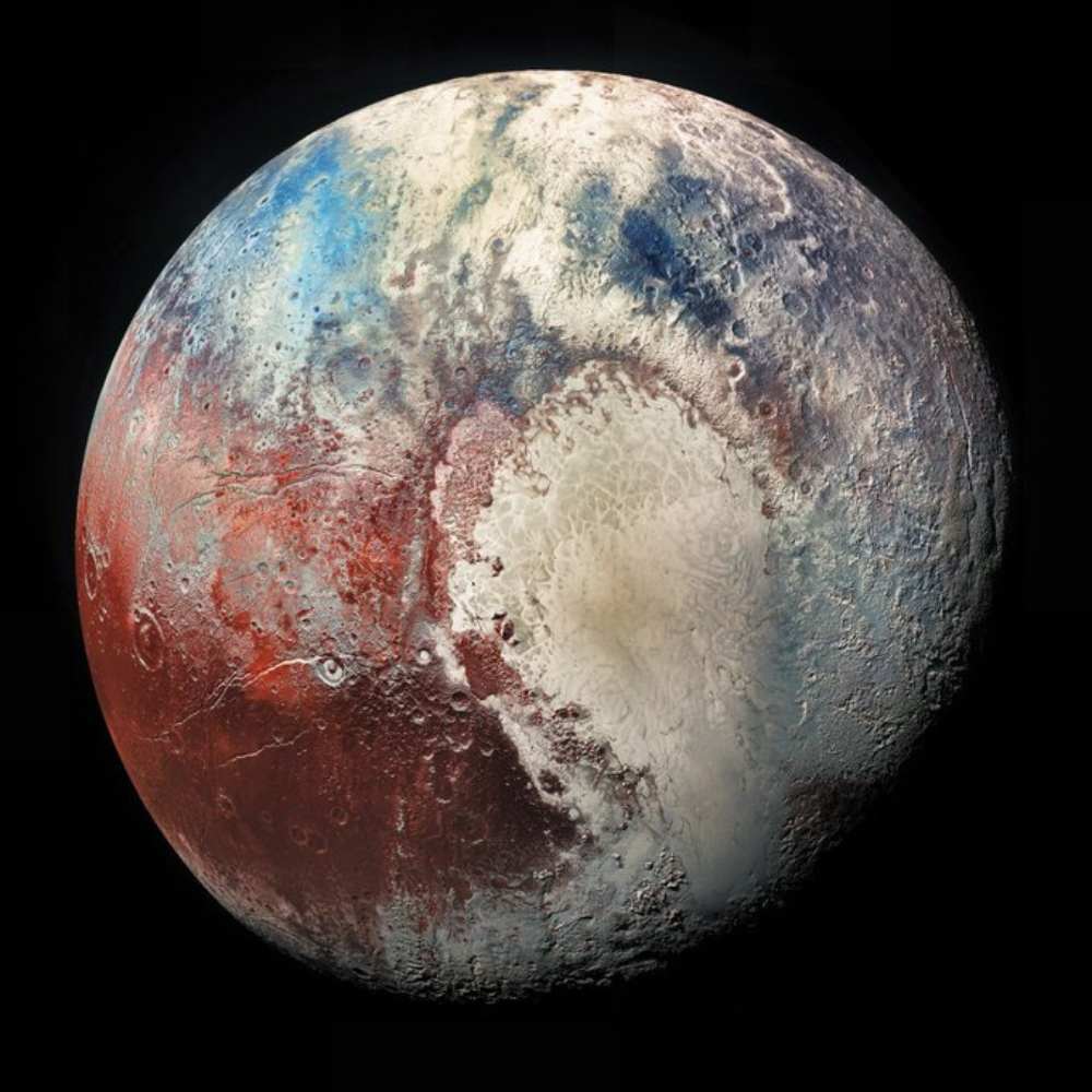 High-resolution view of Pluto showing its icy surface, including the heart-shaped Tombaugh Regio, captured by NASA’s New Horizons spacecraft.