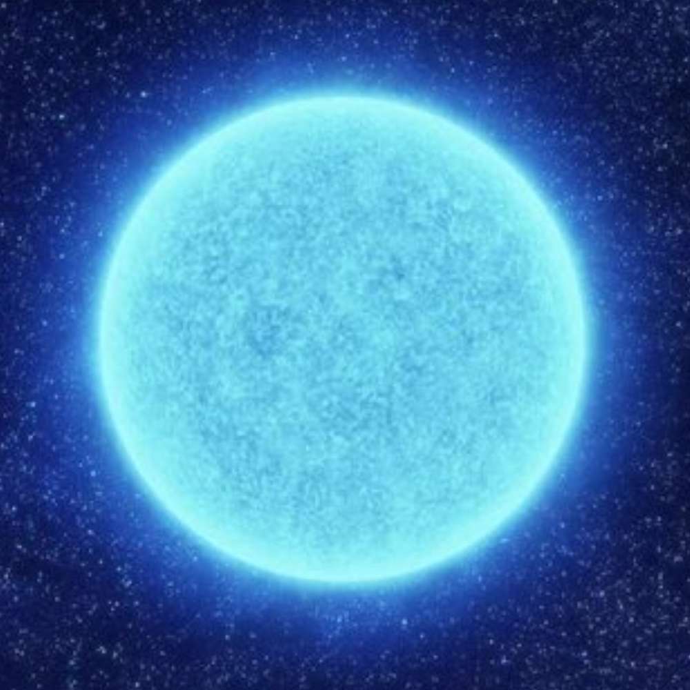 High-resolution illustration of Rigel, a luminous blue supergiant star, glowing intensely against a star-filled cosmic background.