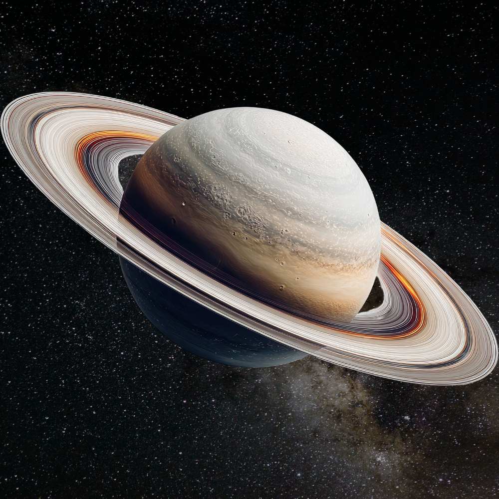 Saturn, the sixth planet from the Sun, displaying its iconic ring system composed of ice and rock particles, observed in high detail by the Cassini spacecraft.