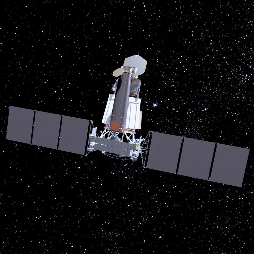 Artist’s rendering of the Spektr-RG space observatory with extended solar panels observing the X-ray Universe.