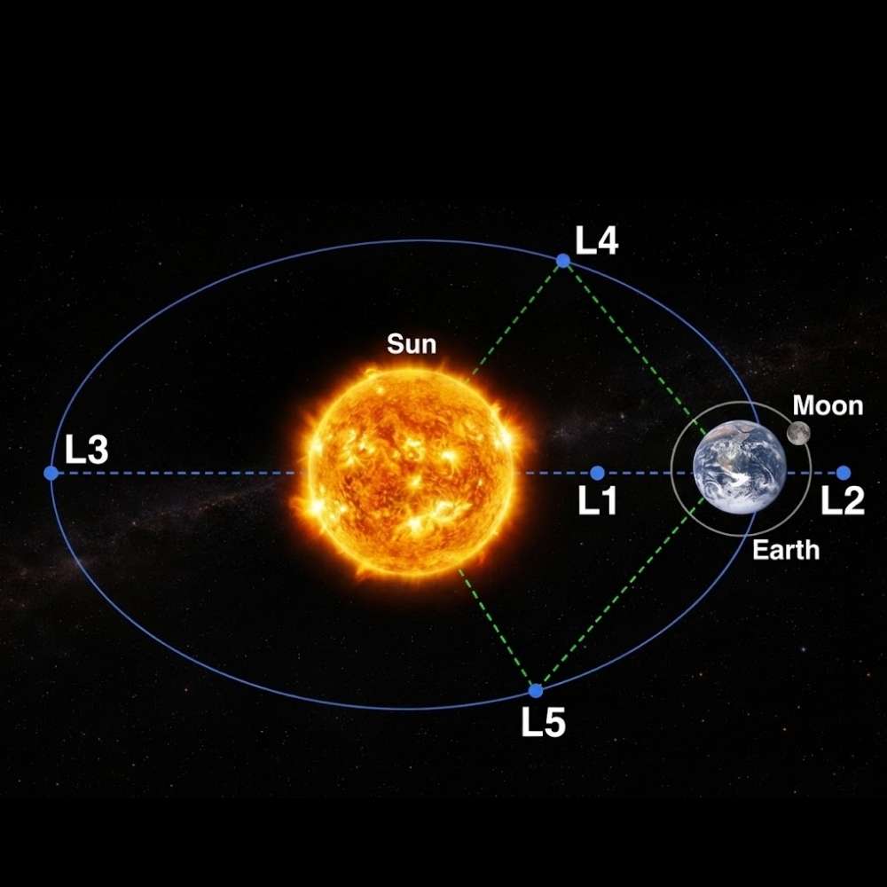 Diagram showing the Sun–Earth L4 Lagrange point with Earth Trojans, illustrating the stable gravitational region leading Earth in its orbit around the Sun.