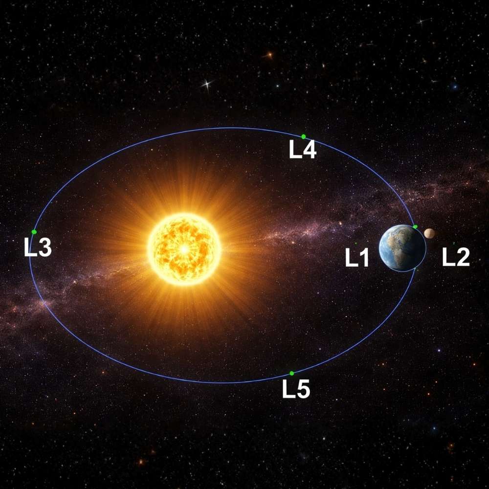 Diagram showing the Sun–Earth L₅ Lagrange point, illustrating the stable gravitational location trailing Earth in its orbit around the Sun.