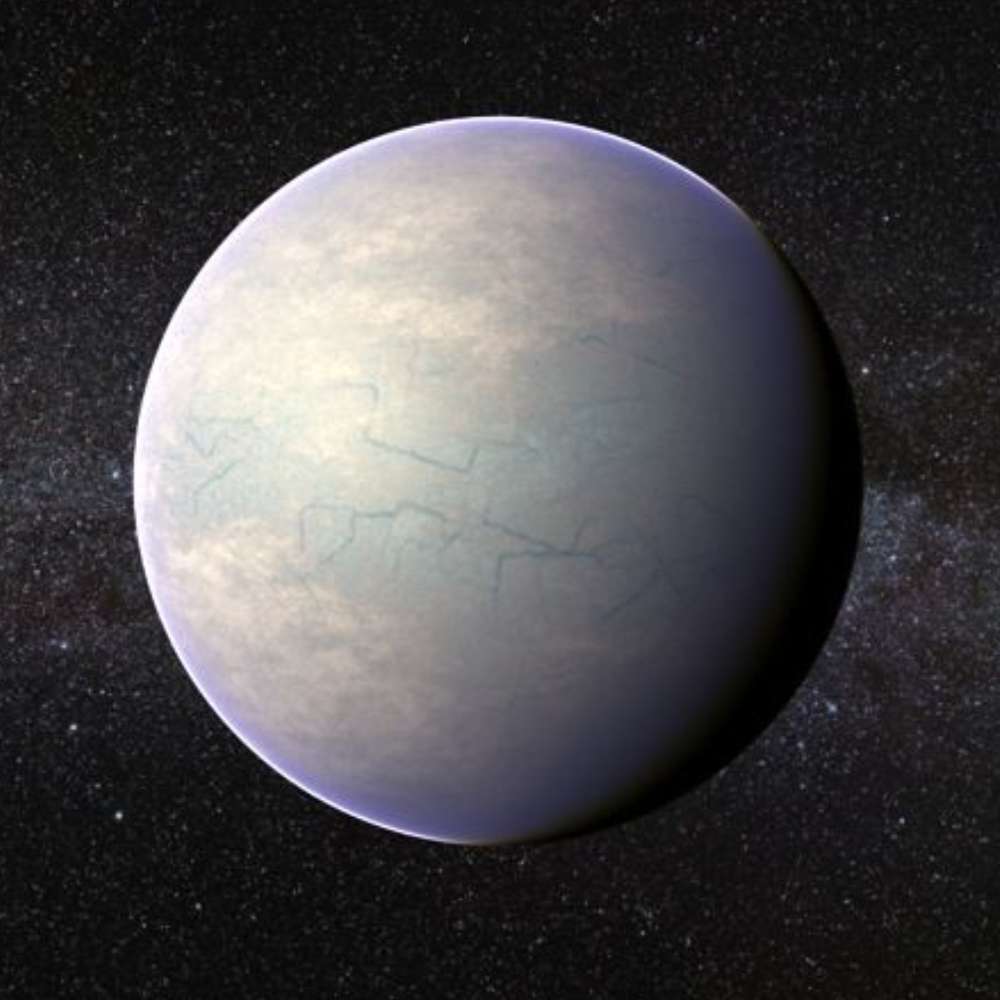 Concept illustration of a Tau Ceti exoplanet showing a cold, icy surface with faint terrain patterns against a star-filled cosmic background.
