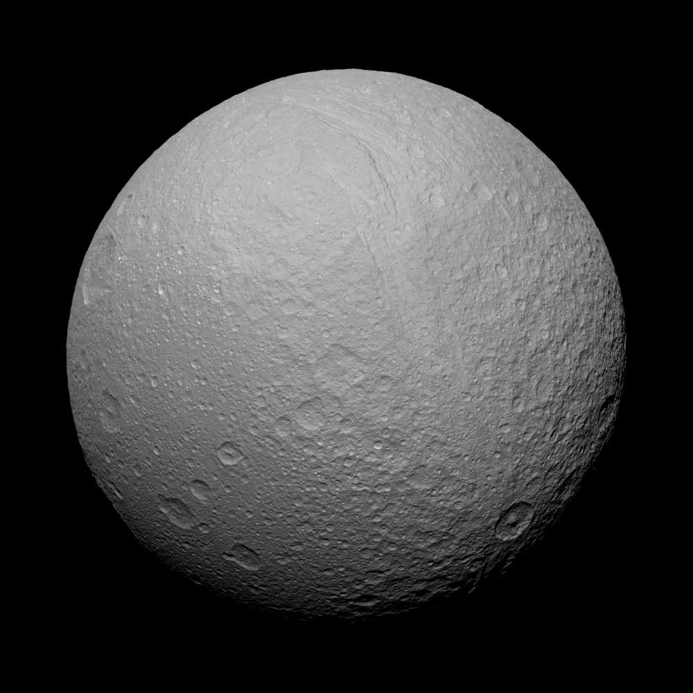 High-resolution image of Tethys, an icy moon of Saturn, showing its heavily cratered surface and smooth plains shaped by ancient impacts and internal stresses.