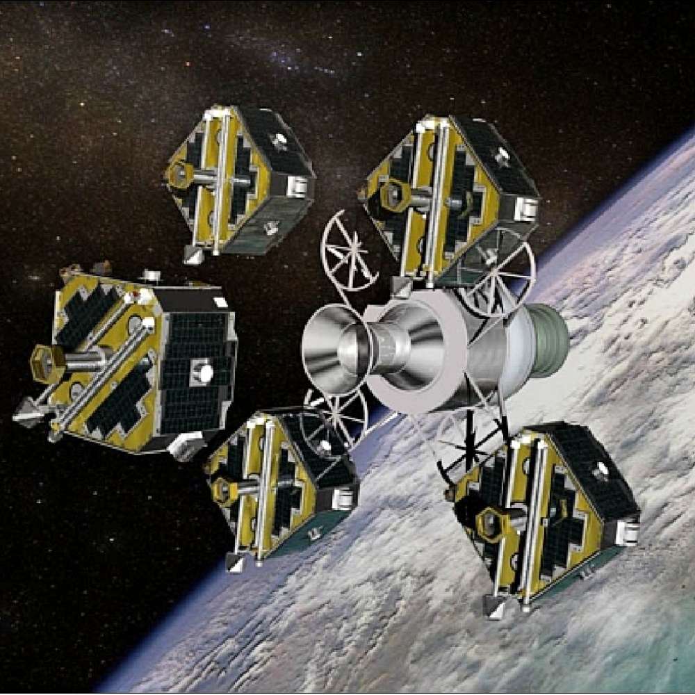 Artist’s illustration of the THEMIS spacecraft constellation studying Earth’s magnetosphere and auroral substorms.