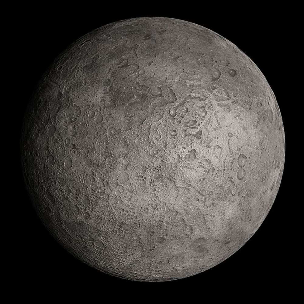 Vanth, the largest moon of the dwarf planet candidate Orcus, showing a dark, cratered icy surface typical of trans-Neptunian satellites.