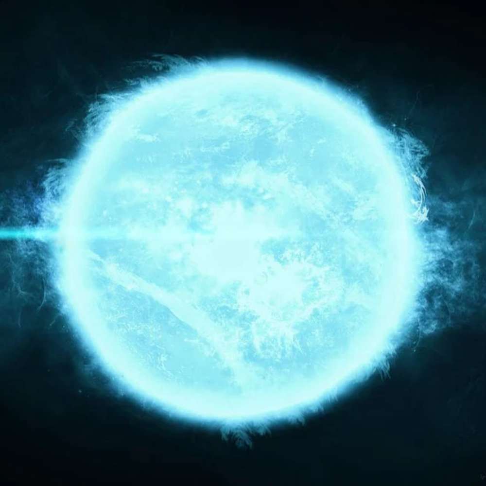 High-energy illustration of Vega, a bright blue-white main-sequence star with glowing plasma, intense luminosity, and a radiant atmospheric halo.