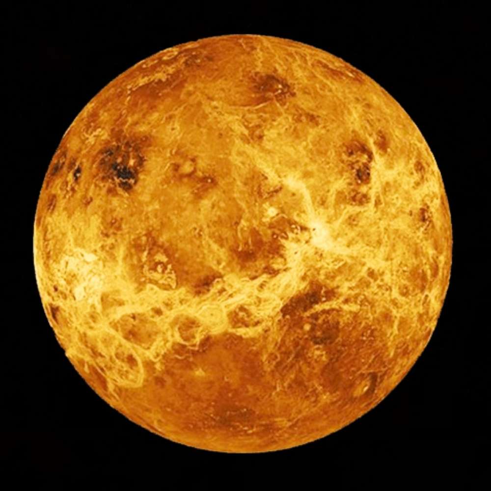 High-resolution radar-based image of Venus showing its thick cloud-covered atmosphere and volcanic surface features on the hottest planet in the Solar System.