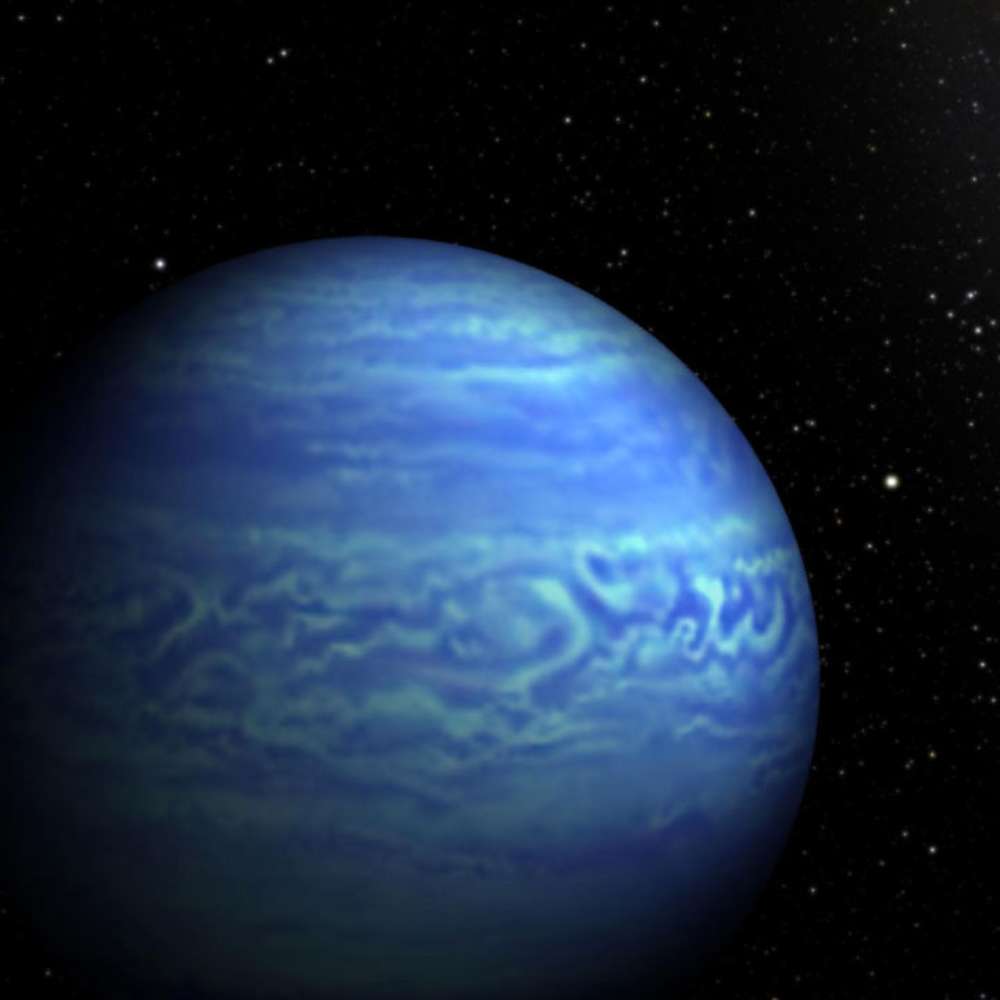 Illustration of WISE 0855–0714, one of the coldest known brown dwarfs, showing a blue, cloud-layered atmosphere against a starry background.