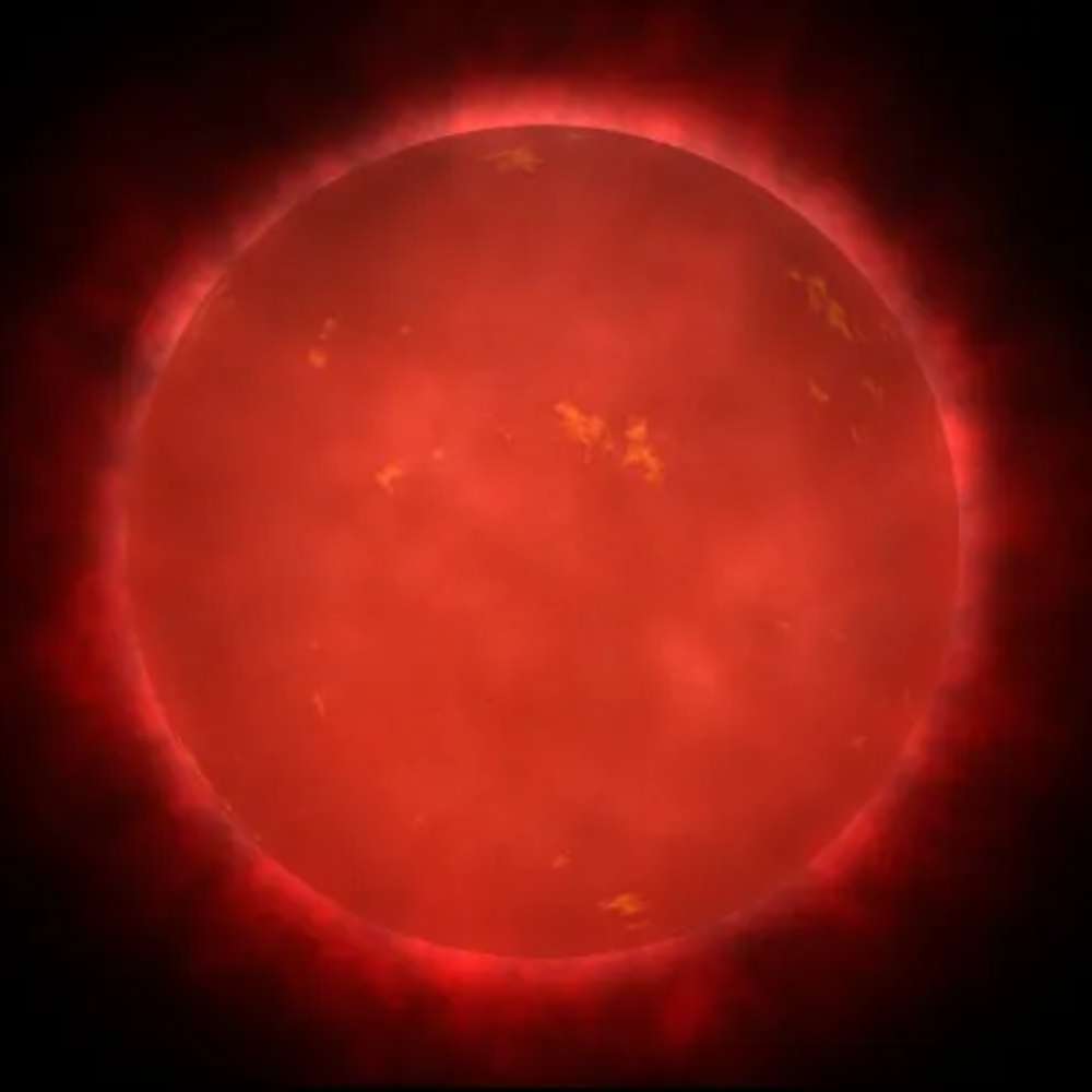 High-resolution illustration of Wolf 359, a faint red dwarf star, showing its glowing red atmosphere and subtle surface activity.