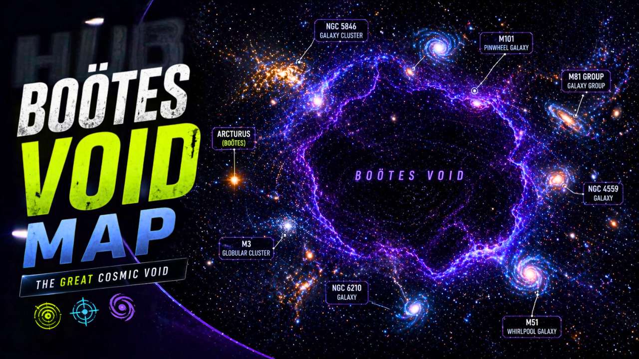 3D map of the Boötes Void showing the large empty region of space surrounded by galaxies such as M101, M51, and NGC 4559