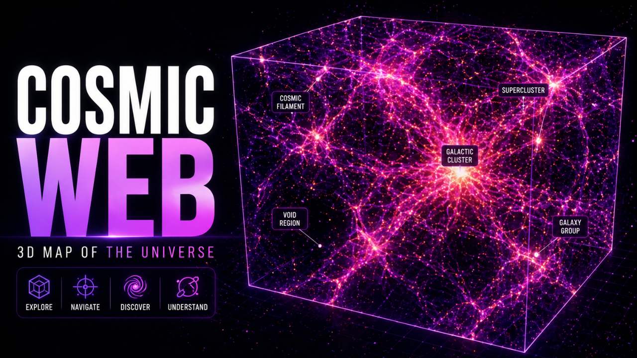 3D map of the cosmic web showing galaxy clusters, filaments, superclusters, and void regions forming the large-scale structure of the universe
