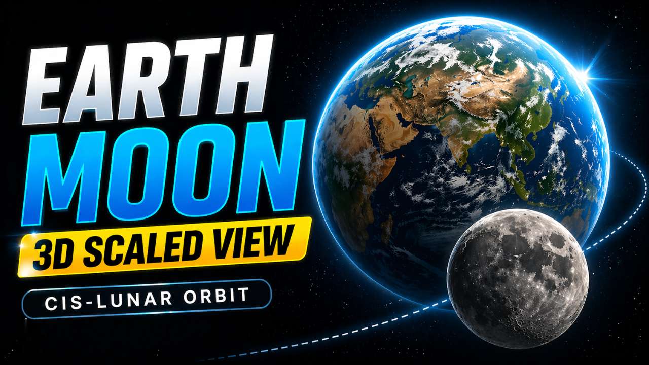 3D scaled view of the Earth and Moon showing their relative sizes, positions, and cislunar orbit path in space with realistic planetary textures.