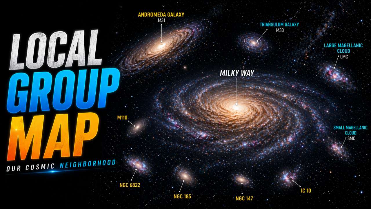 3D map of the Local Group showing the Milky Way, Andromeda Galaxy (M31), Triangulum Galaxy (M33), Large and Small Magellanic Clouds, and nearby dwarf galaxies