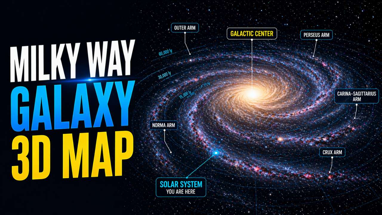 3D map of the Milky Way Galaxy showing its spiral arms, galactic center, and the location of the Solar System within the galaxy
