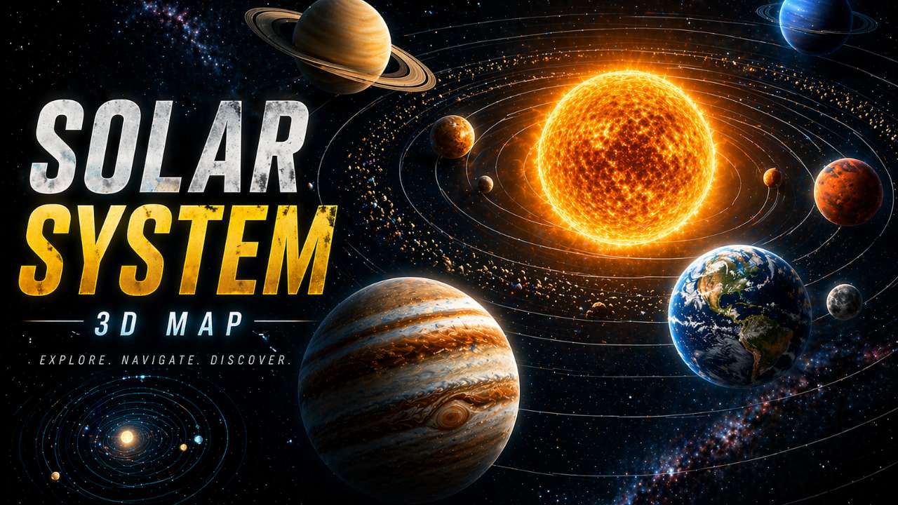3D map of the Solar System showing the Sun and planets including Earth, Jupiter, and Saturn with orbital paths in a realistic space visualization