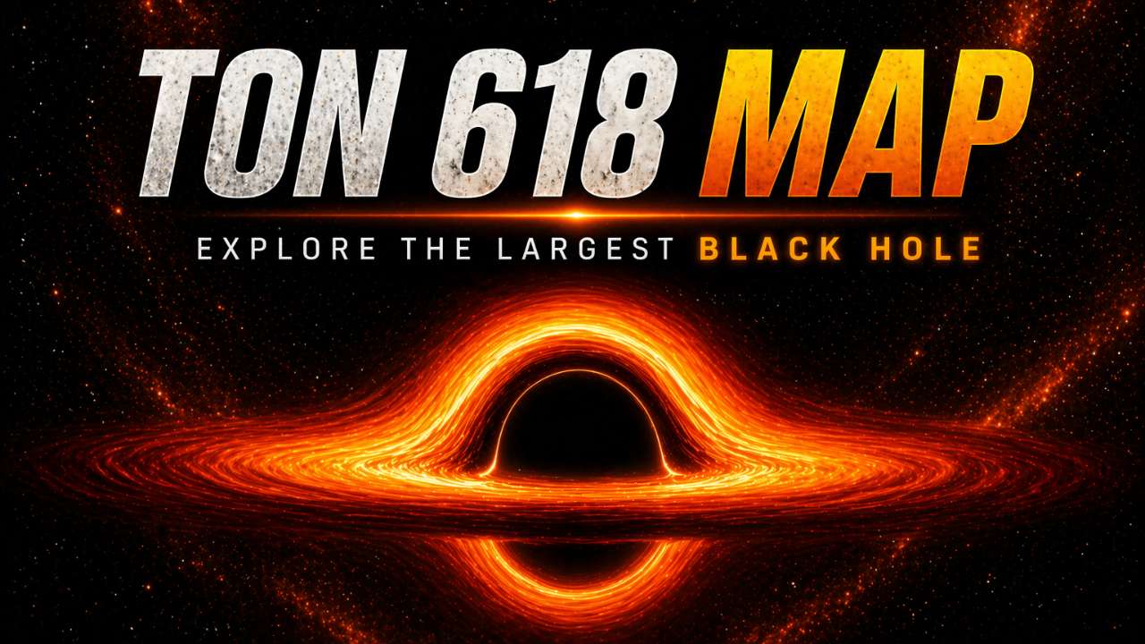 3D visualization of TON 618, the largest known black hole, showing its glowing accretion disk and event horizon in deep space