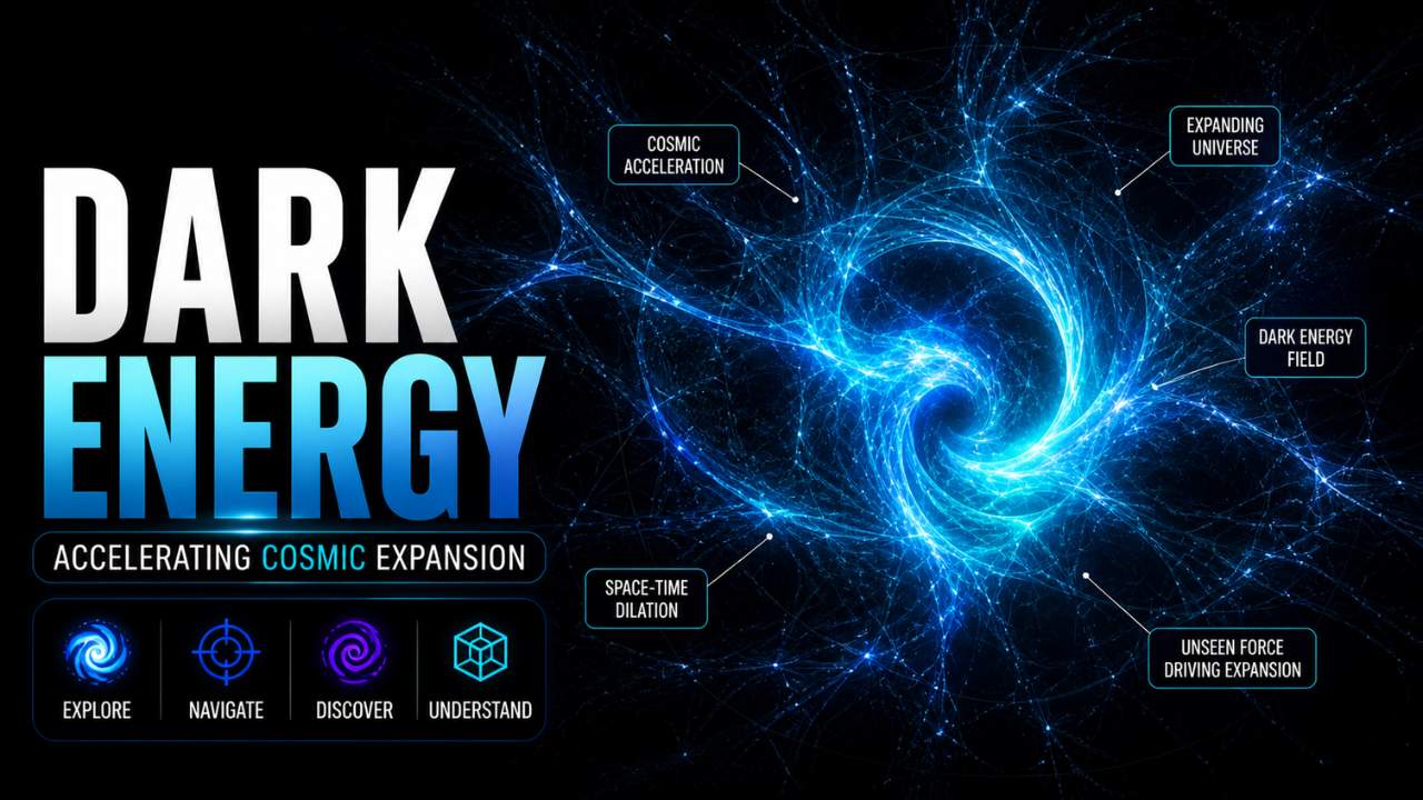3D visualization of dark energy showing cosmic acceleration, expanding universe structure, and energy fields driving expansion