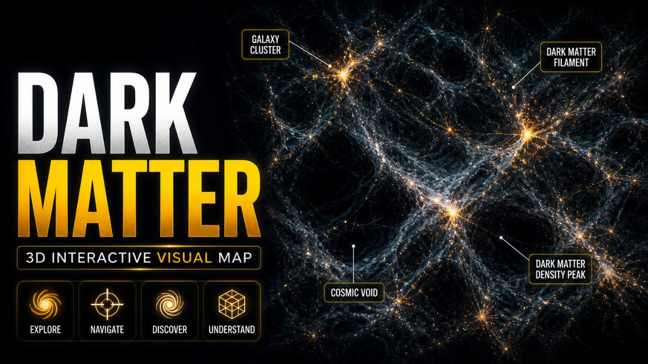 3D map of dark matter showing cosmic filaments, galaxy clusters, and density peaks forming the large-scale structure of the universe