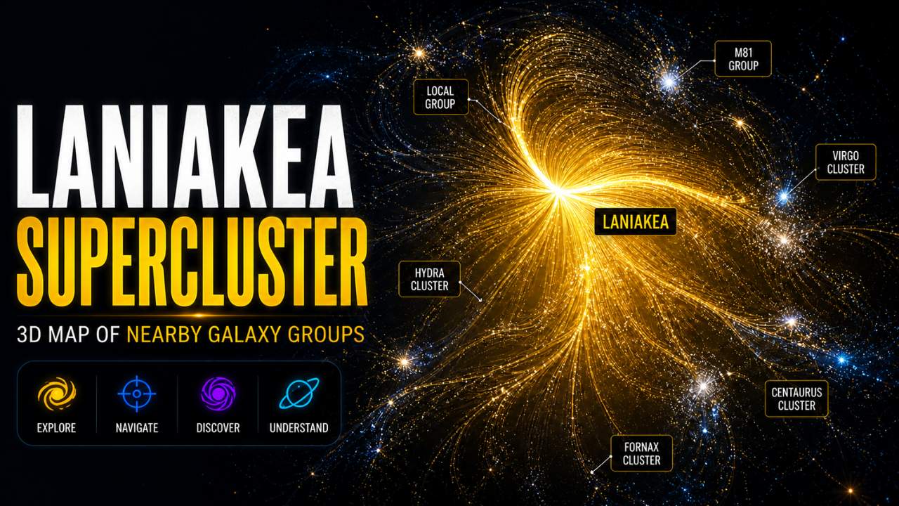 3D map of the Laniakea Supercluster showing galaxy flow patterns, including the Virgo Cluster, Hydra Cluster, Centaurus Cluster, and Local Group