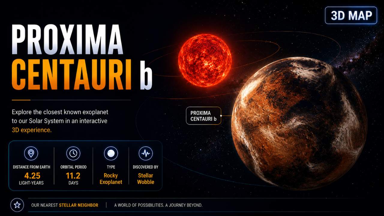 Proxima Centauri b 3D map showing an artistic visualization of the nearby rocky super-Earth orbiting its red dwarf star.