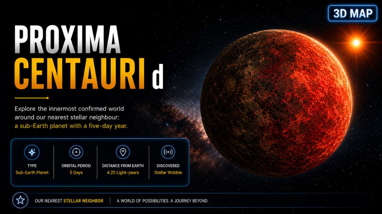 Proxima Centauri d 3D map showing an artistic view of the small rocky exoplanet illuminated by its nearby red dwarf star.