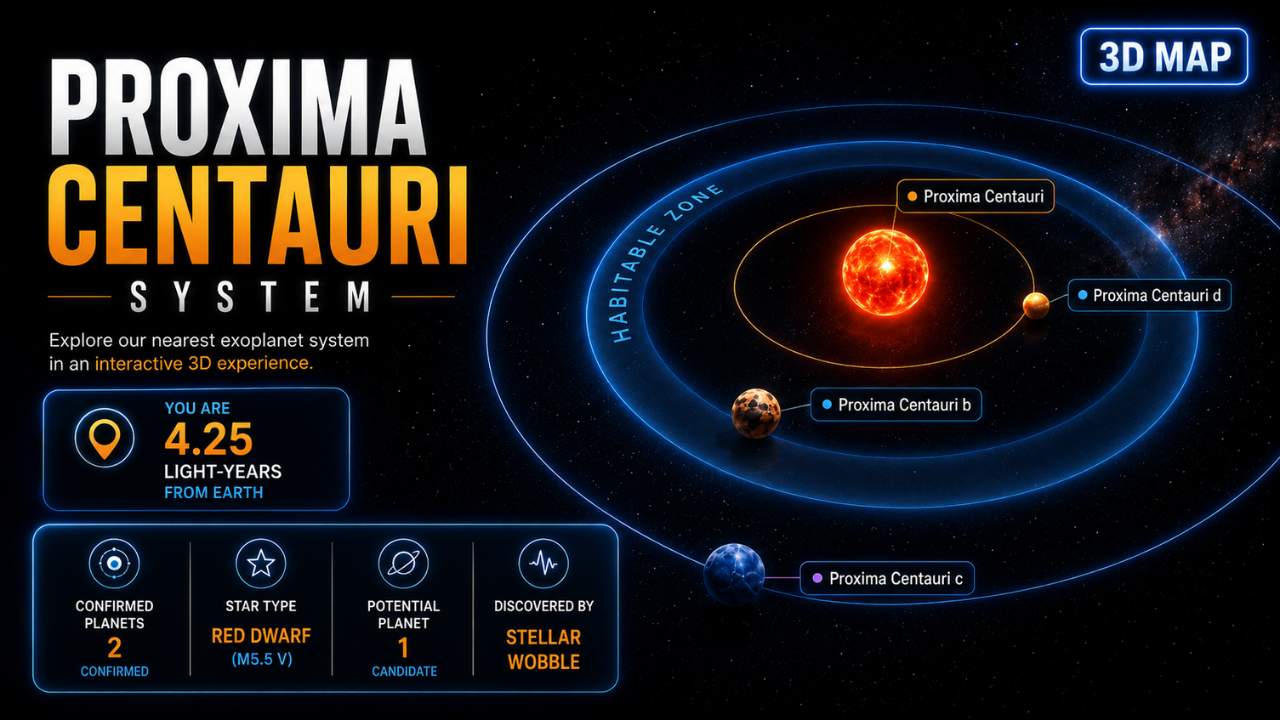 Stylized, not-to-scale Proxima Centauri system 3D map showing the red dwarf star, confirmed planets b and d, candidate planet c, and their orbital paths.