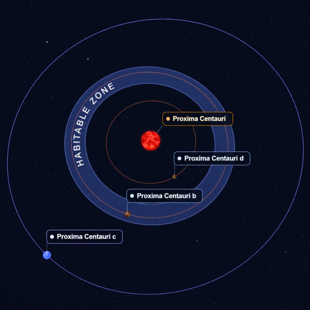 Proxima Centauri system 3D orbit map with planets b, c, and d