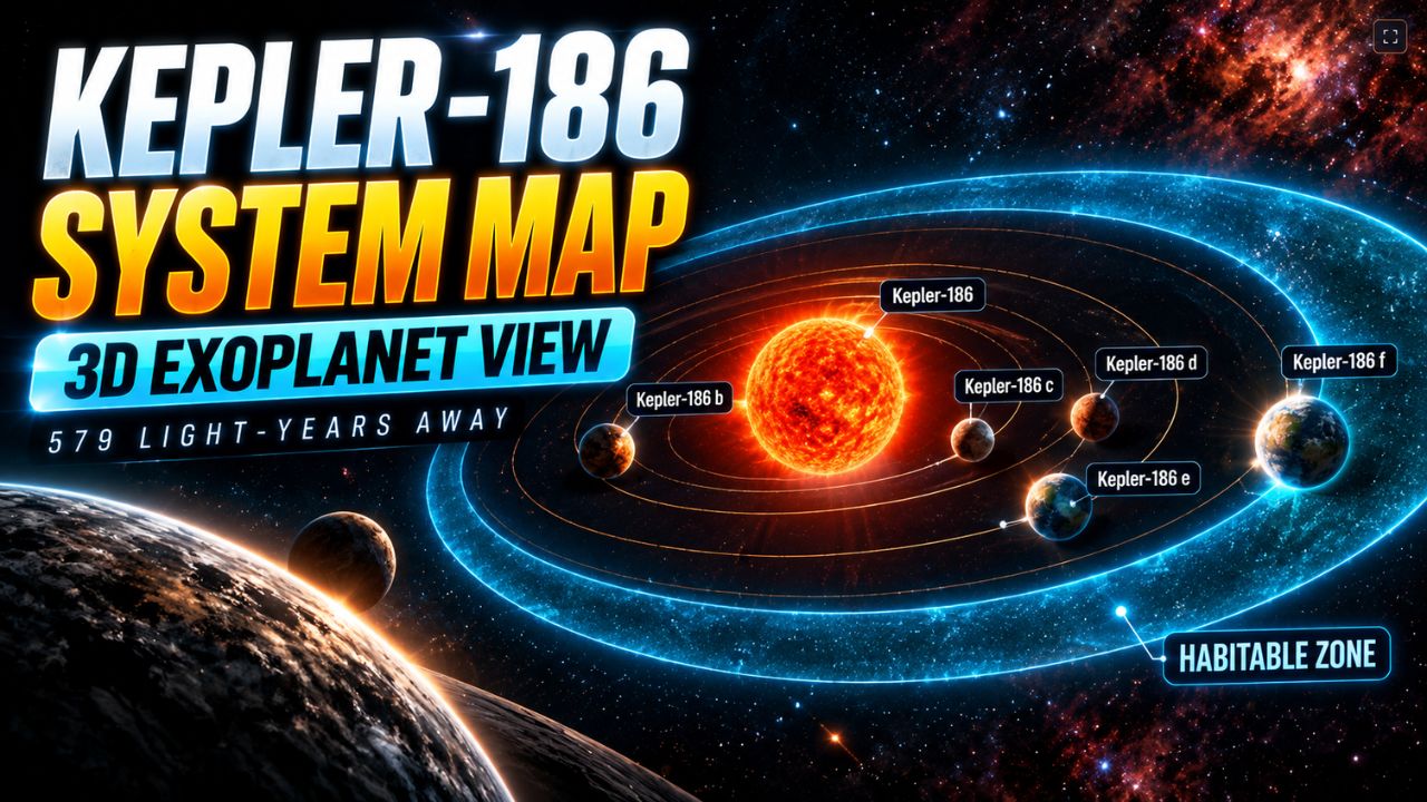 Illustrated Kepler-186 system 3D map featuring a red dwarf star and its five planets.