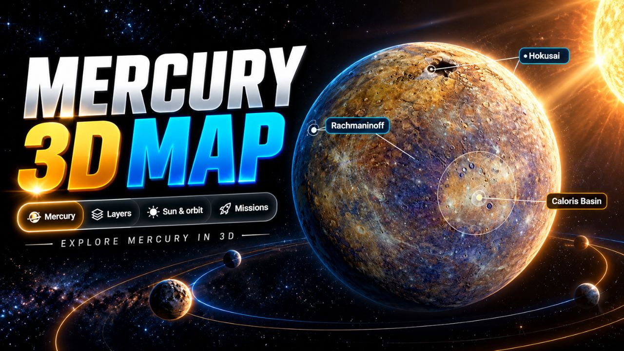 Illustrated Mercury 3D map for exploring the cratered surface, interior layers, and orbit.