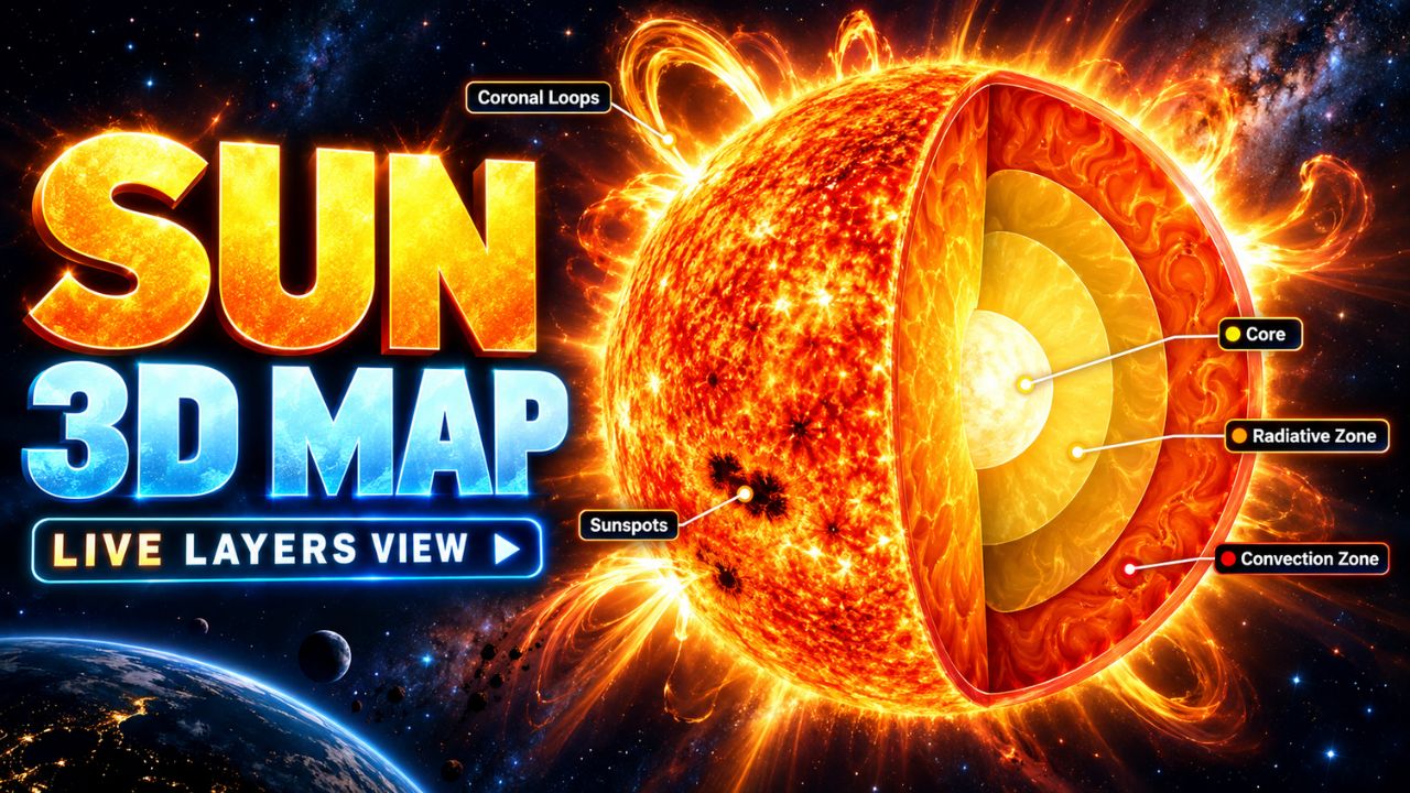 Illustrated Sun 3D map for exploring solar layers, the corona, and solar activity.